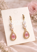 Botanical Dewdrop & Double Pearl Earrings - Pink