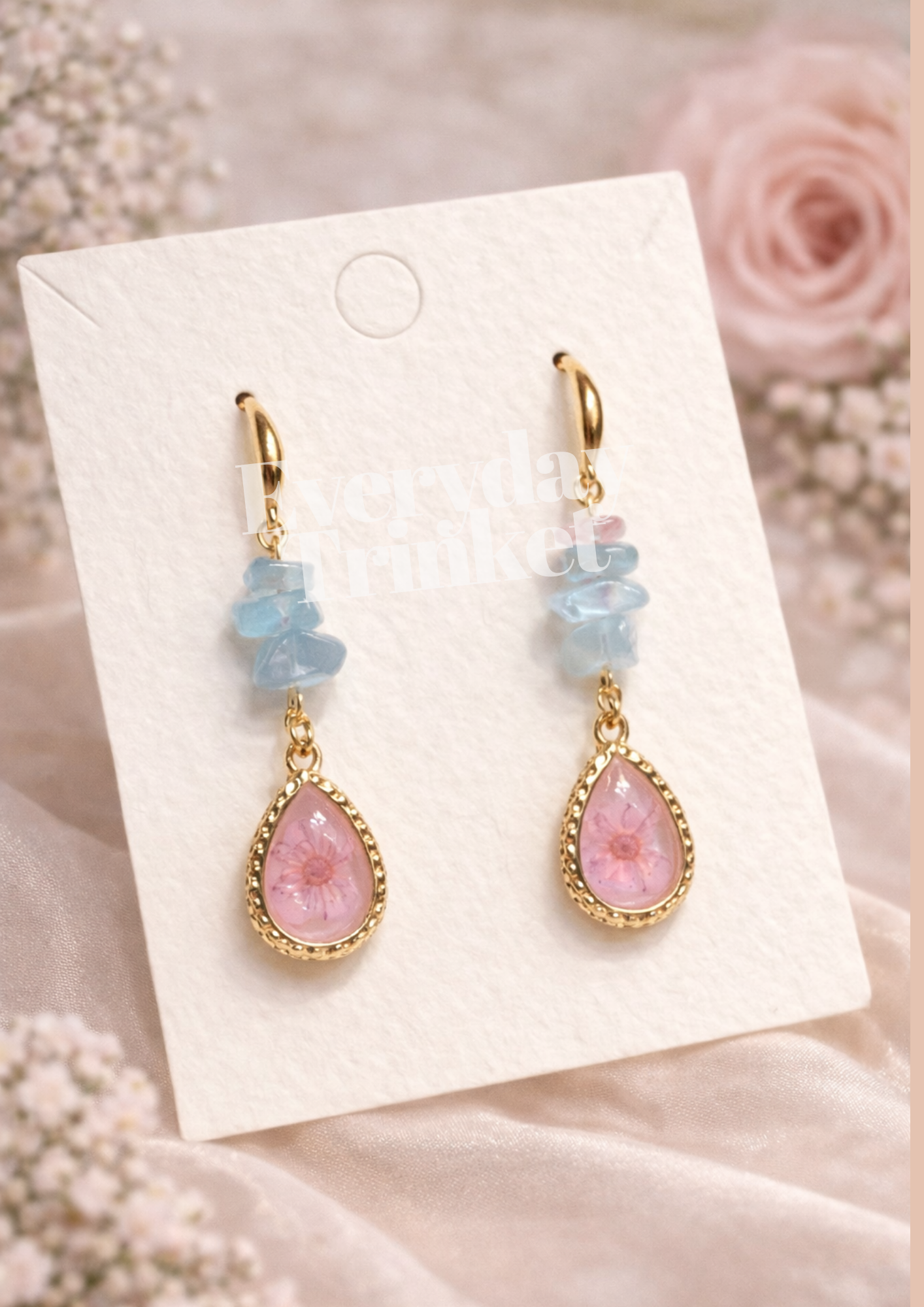 Botanical Dewdrop & blue gemstone Earrings - Pink